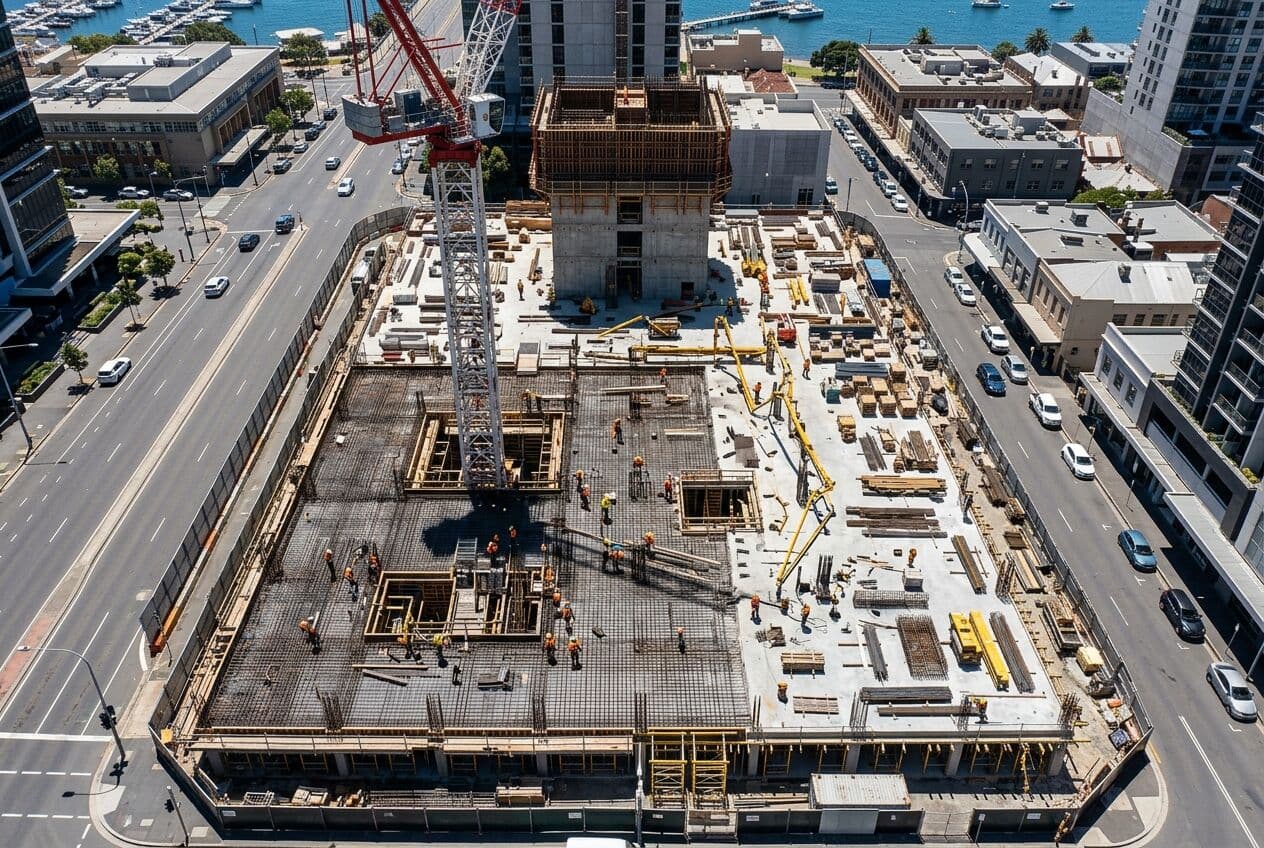 Aerial view of a tower crane over a new building under construction