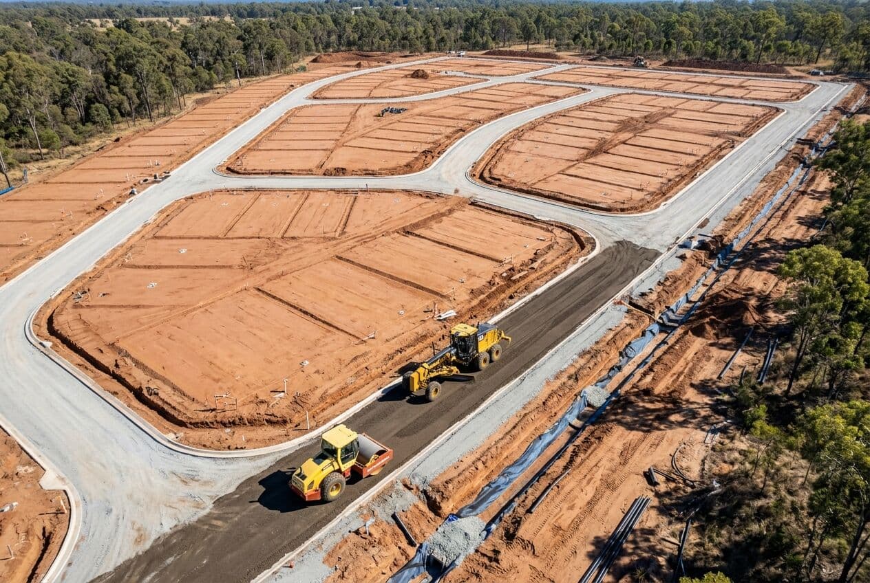 Aerial view of graded house pads in a new Queensland subdivision