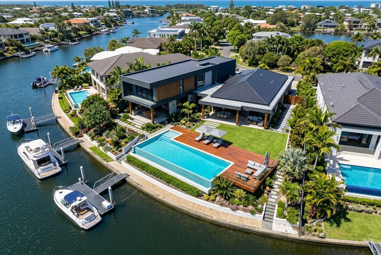 Aerial view of a luxury Gold Coast home with a pool beside a canal