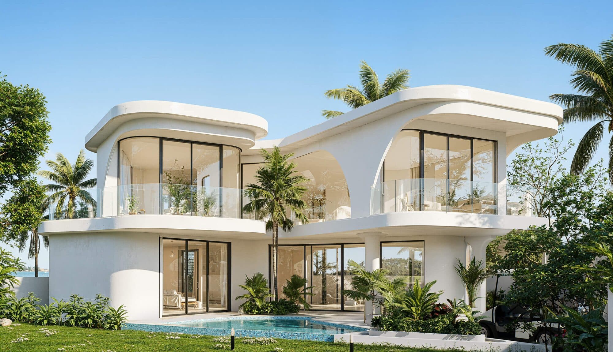 Render of the Elysian villa, a white two-storey villa with curved balconies and a private pool