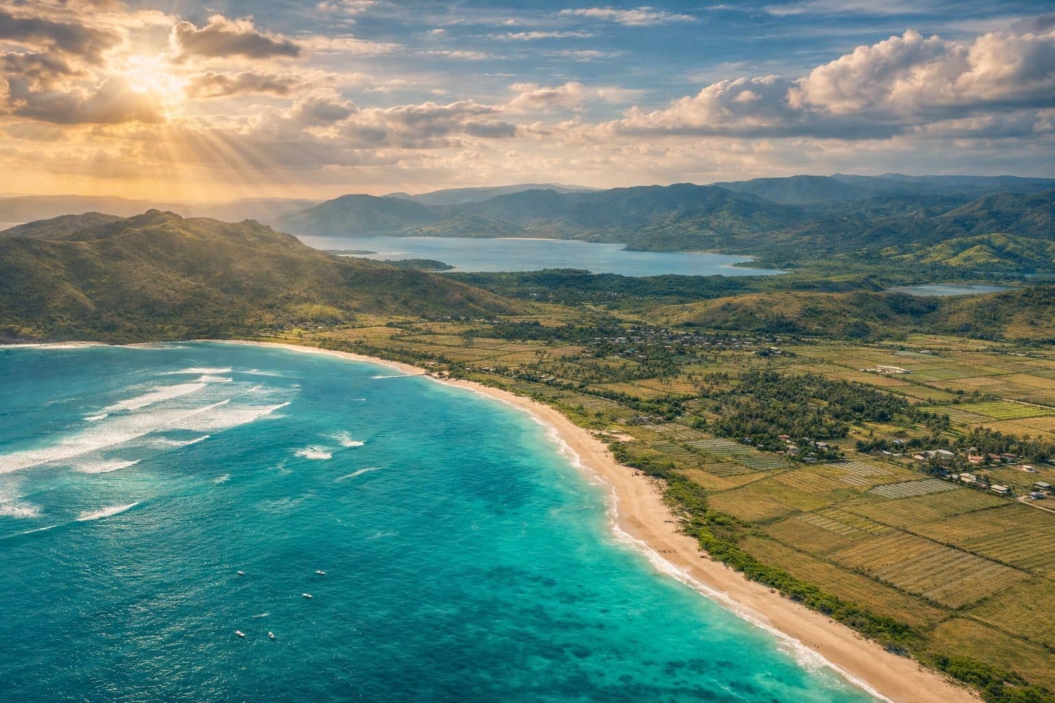 Aerial view of a curved beach and headland on the Sekotong coast of West Lombok