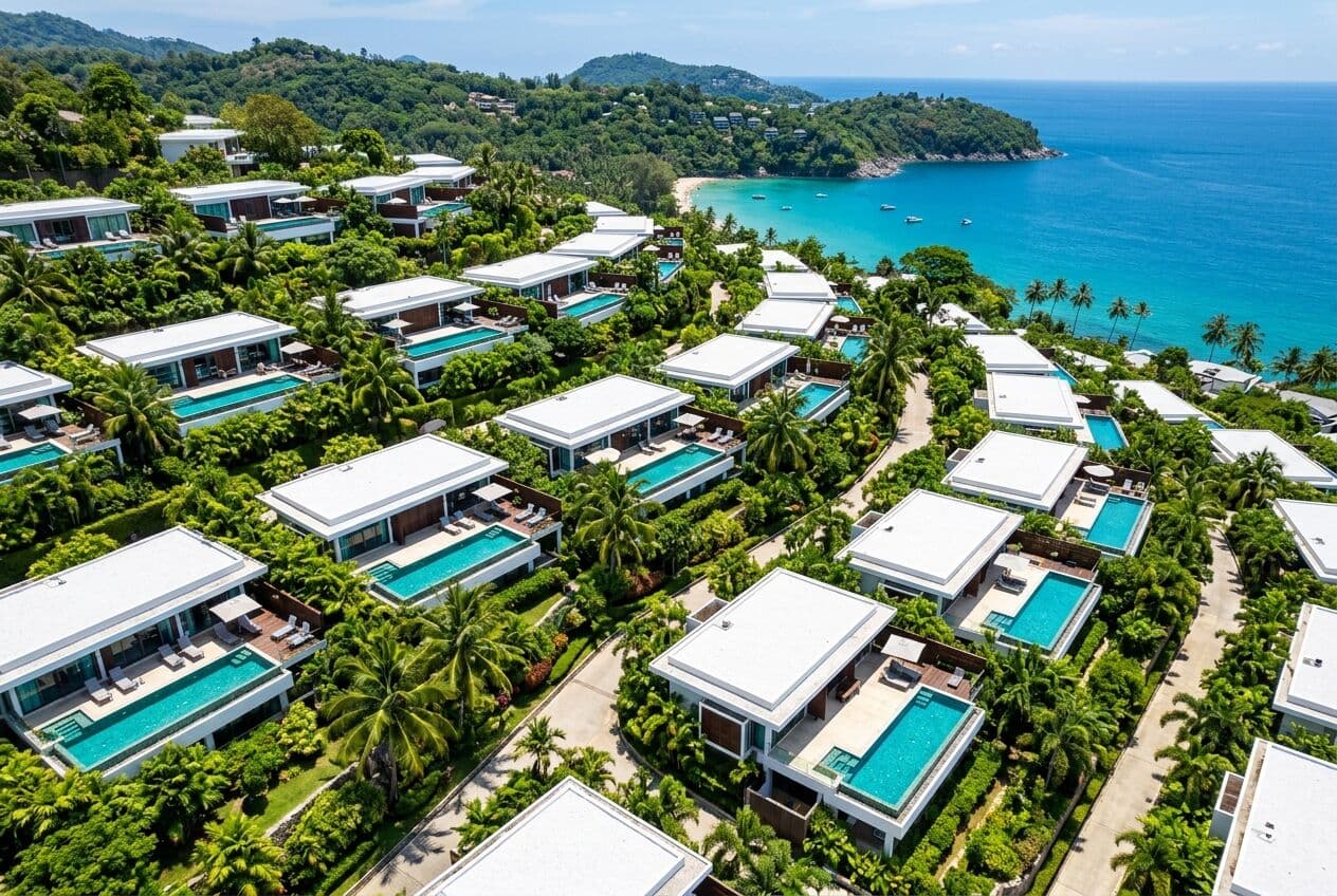 Aerial view of tropical villas with private pools on a Phuket hillside