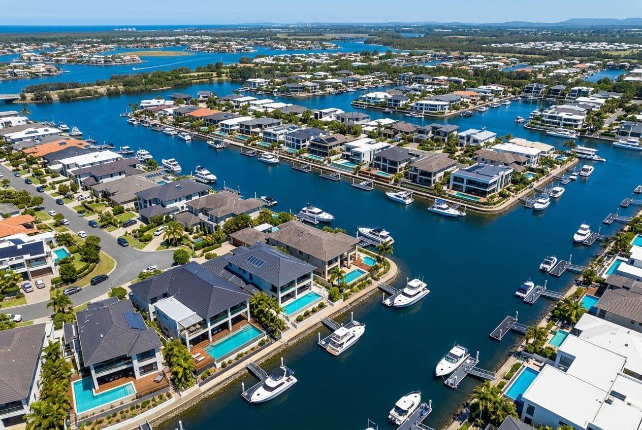 Aerial view of waterfront homes and jetties on Gold Coast canals